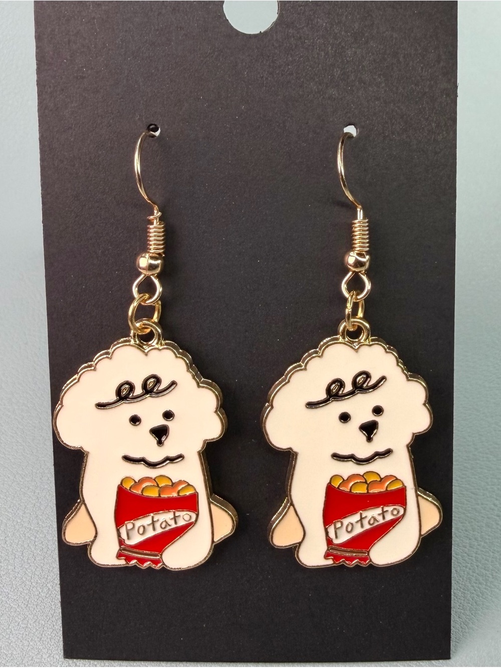 White Dog Charm Earrings with Red Potato Snack Detail